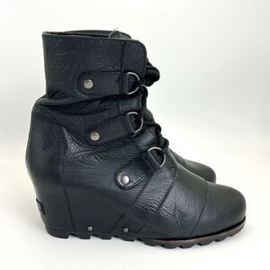 Sorel Joan of Arctic Wedge Mid Calf Boots Booties Women's Size 9 Black Leather